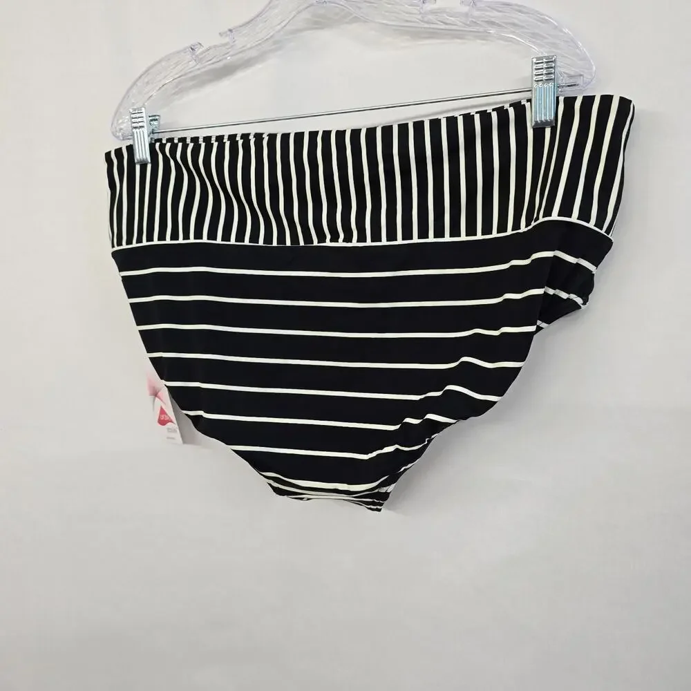Lands' End Bikini Bottom Swim Briefs Women's 1X Black White Stripe Beach NWT